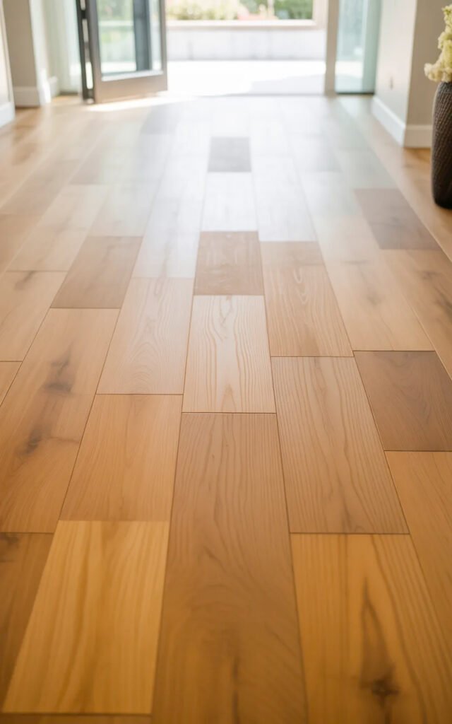 Pale wood floor in wide planks providing bright warm base for small entryway design