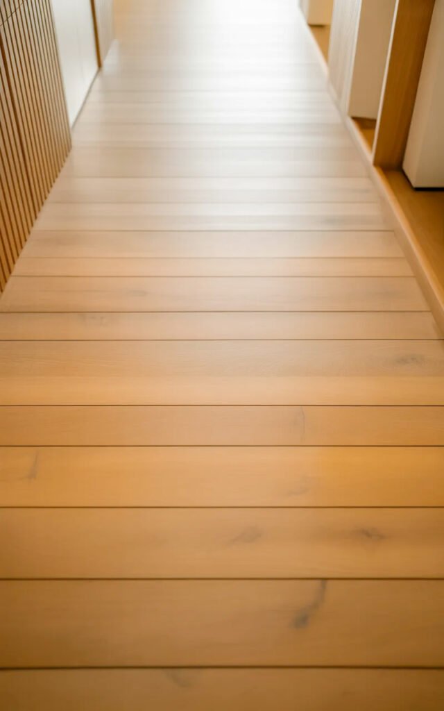 Pale wood or LVP flooring in wide planks creating bright cohesive base for slat wall hallway