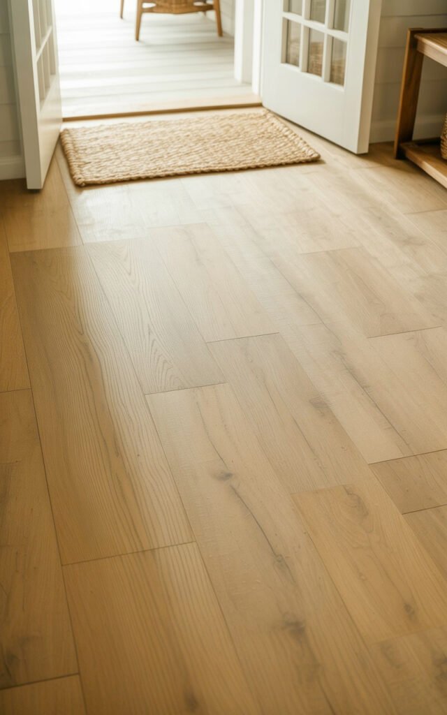 Durable light-colored flooring providing bright clean foundation for mudroom space
