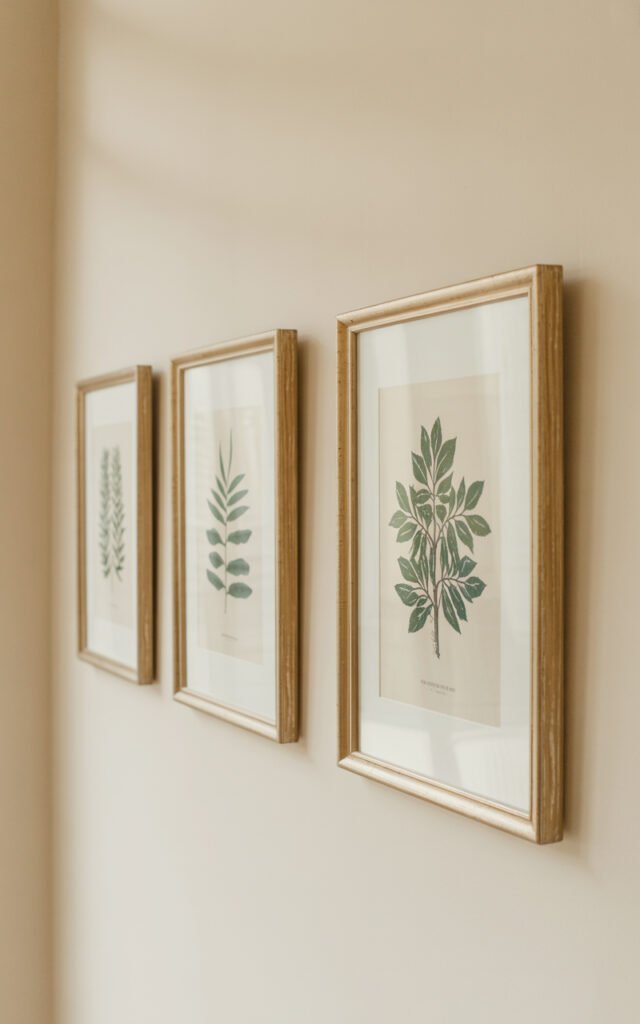 Three coordinating botanical artworks in matching frames creating organized gallery wall display