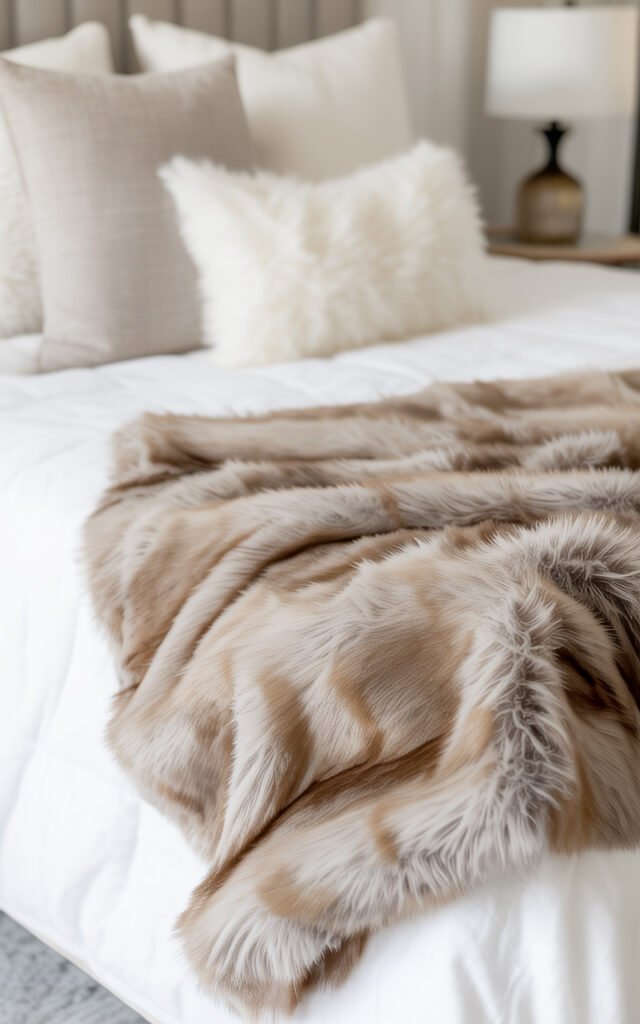 Soft faux fur throw in neutral beige draped casually across white bedding adding luxury texture to bohemian bedroom