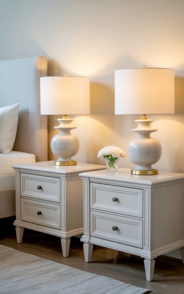 White bedside tables with matching lamps providing symmetrical elegant master bedroom design