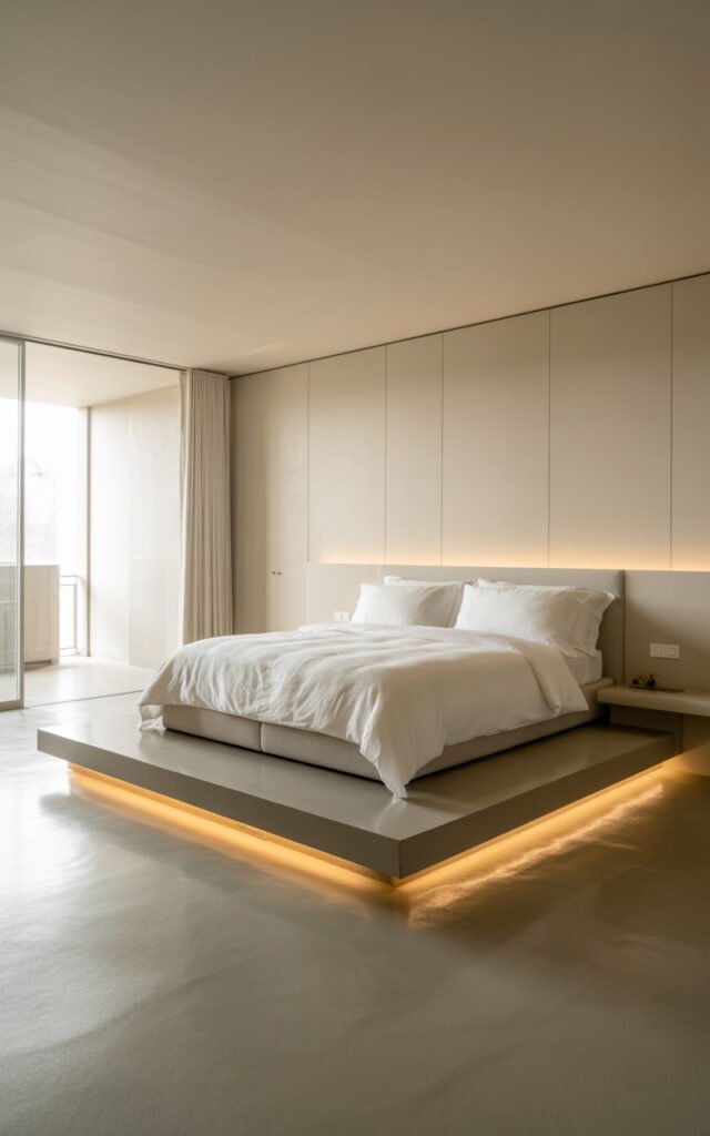 Master bedroom with minimal furniture and perfect lighting creating peaceful retreat
