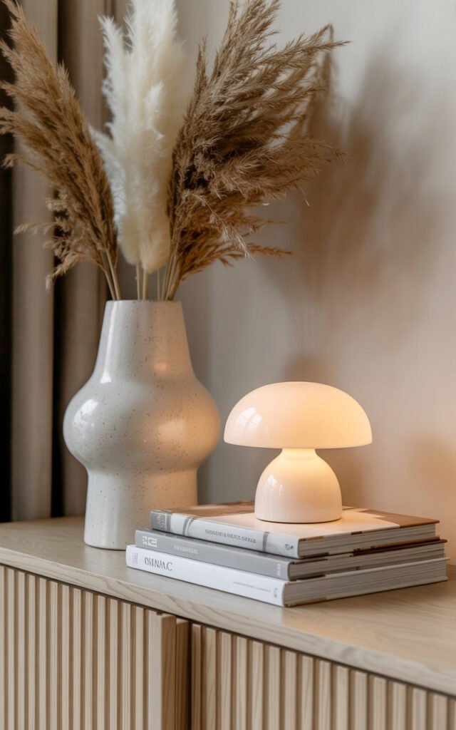Curated console vignette with stacked books, sculptural vase and organic elements