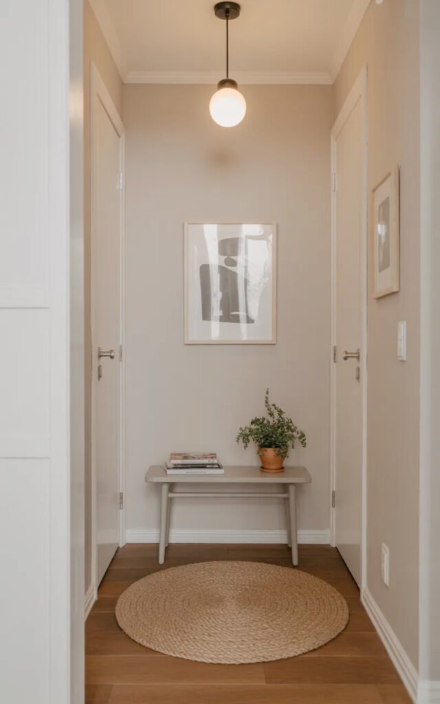 Clean simple entrance styling with gallery wall, plant and lighting demonstrating minimalism