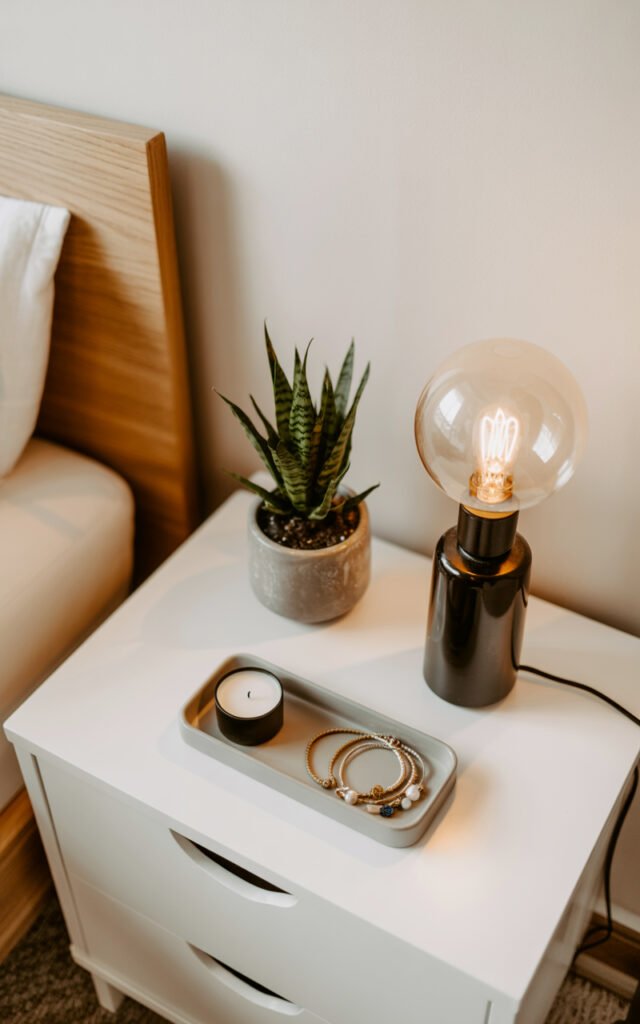 Carefully curated nightstand with lamp, plant, and small tray keeping surface uncluttered in couple bedroom