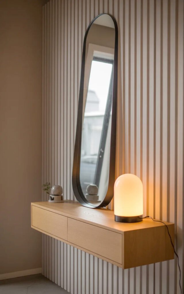 Floating console styled with leaning mirror, lamp and minimal accessories on wood slat wall