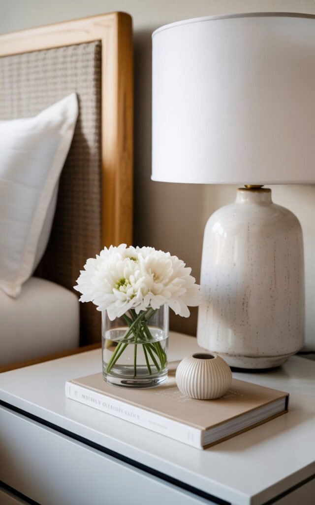 Clean nightstand styling with table lamp, fresh flowers and minimal accessories in master bedroom