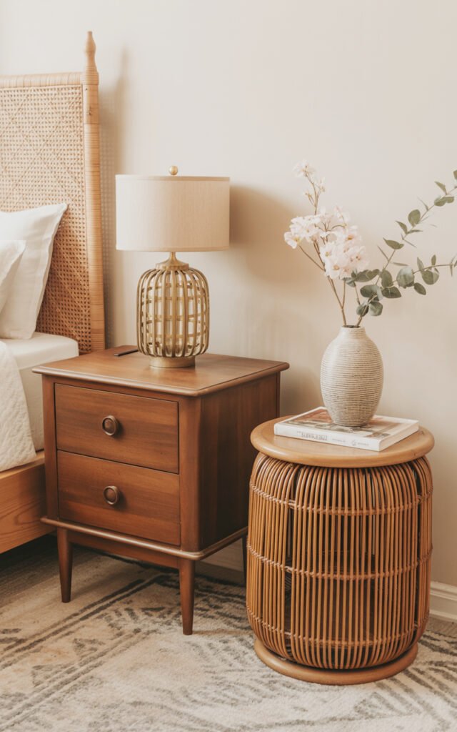 Two different but complementary nightstands in warm wood and rattan creating eclectic bohemian bedroom look with collected style