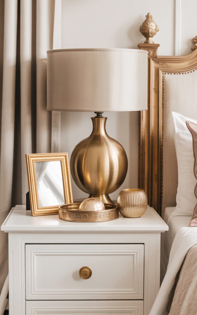 Coordinated gold and brass metallic hardware and decor creating cohesive glam aesthetic