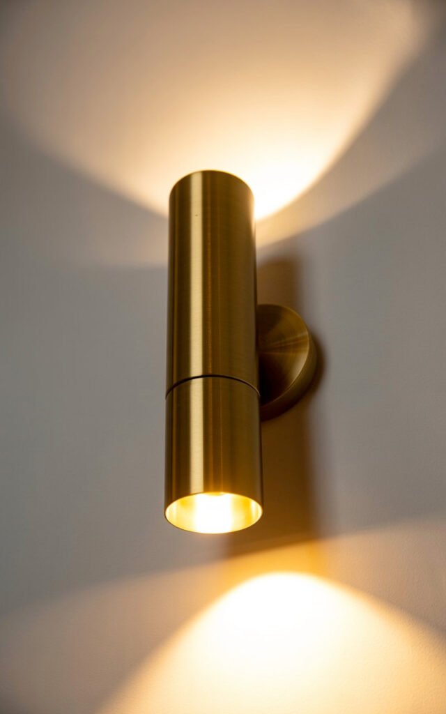 Contemporary brass wall sconce creating dramatic up and down lighting pattern in hallway