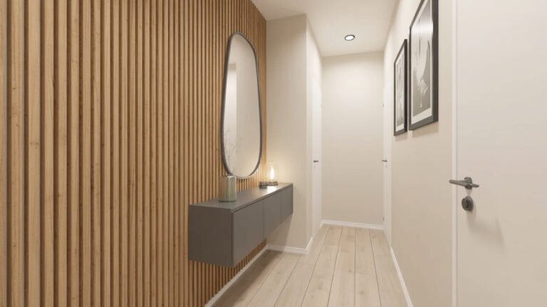Contemporary corridor featuring floor-to-ceiling wood slats, floating console and minimal modern design