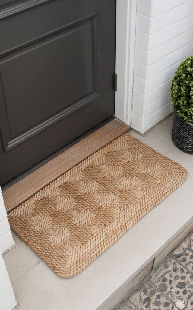 Woven jute doormat in neutral color adding texture and function to hallway entrance