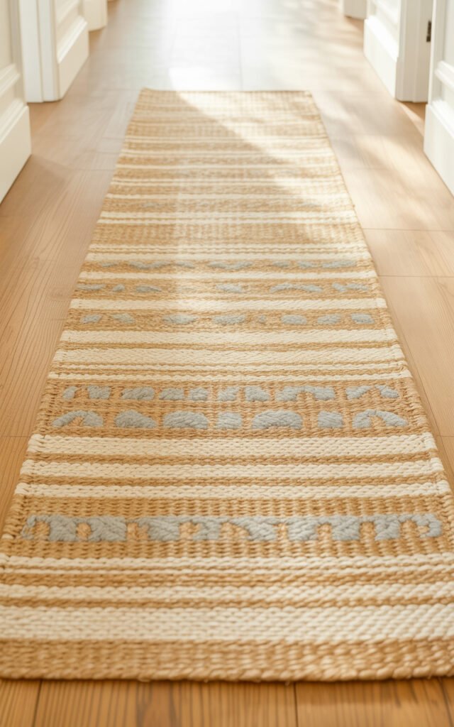 Neutral jute or wool runner rug adding warmth and texture to modern hallway floor