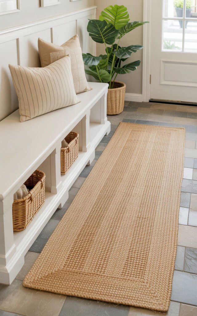 Jute or sisal runner rug adding warmth and texture to farmhouse mudroom floor