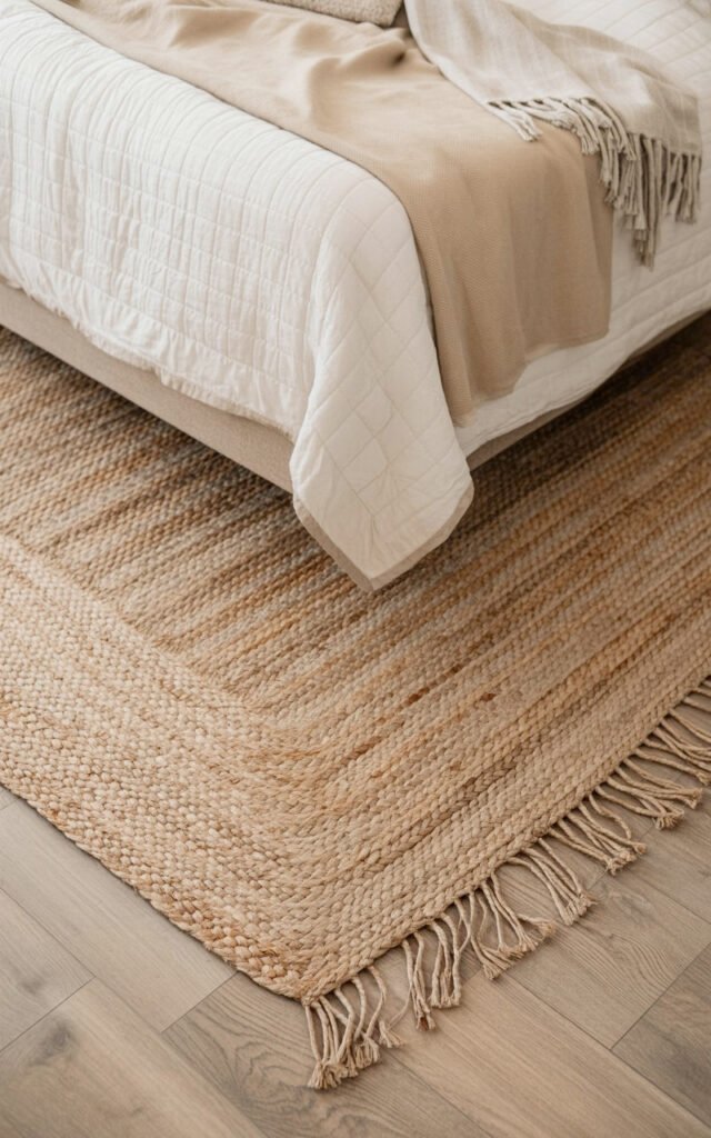 Textured natural jute area rug with decorative macrame fringe detail anchoring modern bohemian bedroom space