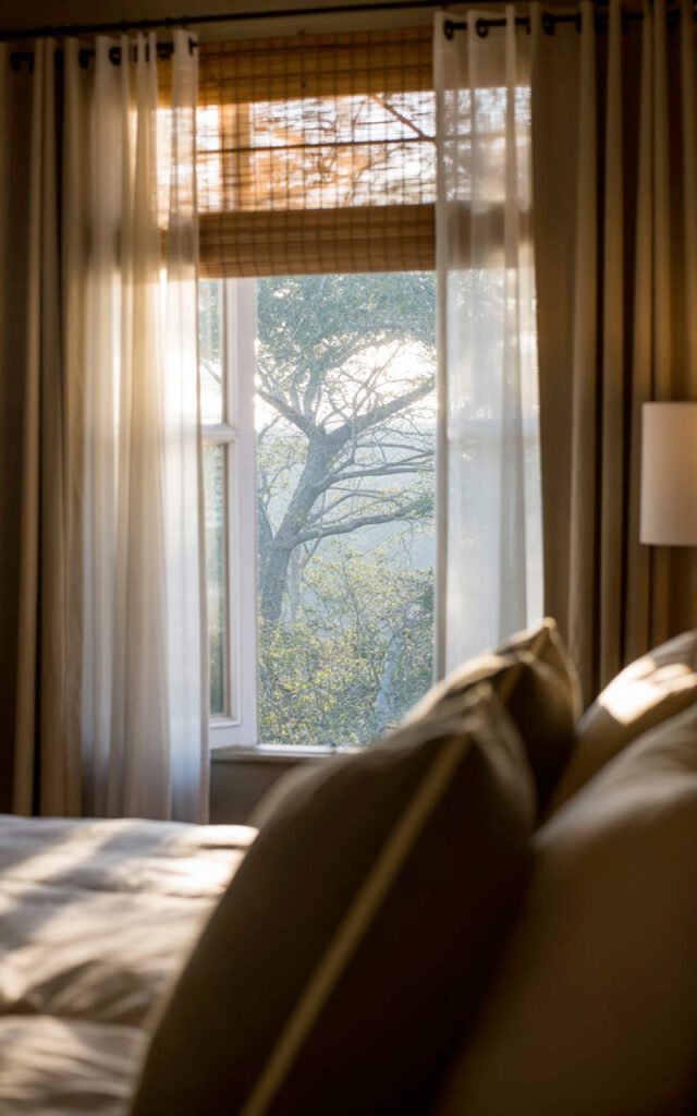 Morning natural light filtering through bedroom window treatments with outdoor view from bed