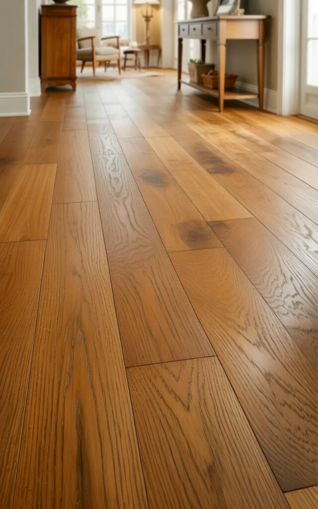 Warm oak wood floors providing timeless foundation for panelled entrance hall