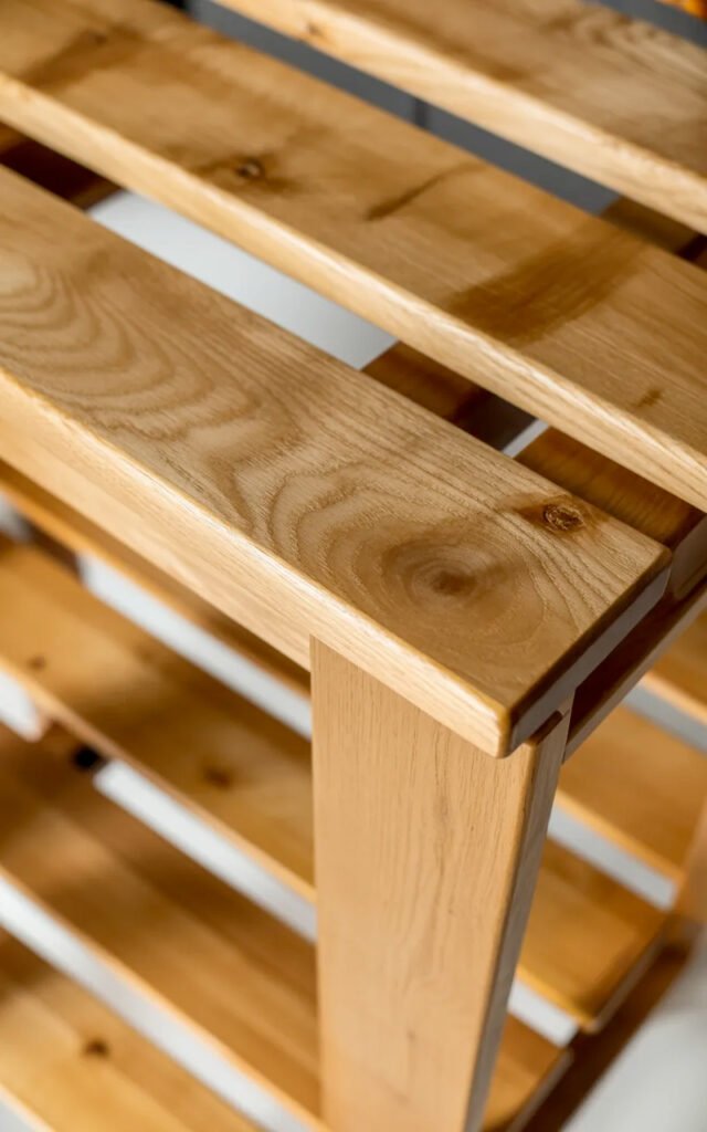 Light natural wood stain with clear coat showing grain and warm tone on vertical slats