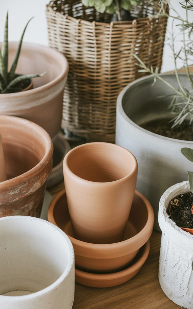 Variety of terracotta, ceramic and woven planters in neutral colors for organic bedroom design