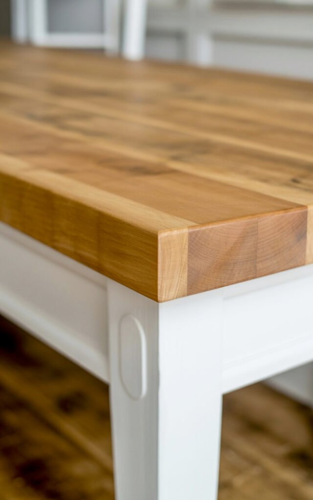 Solid wood bench top surface providing warm contrast to white farmhouse mudroom bench