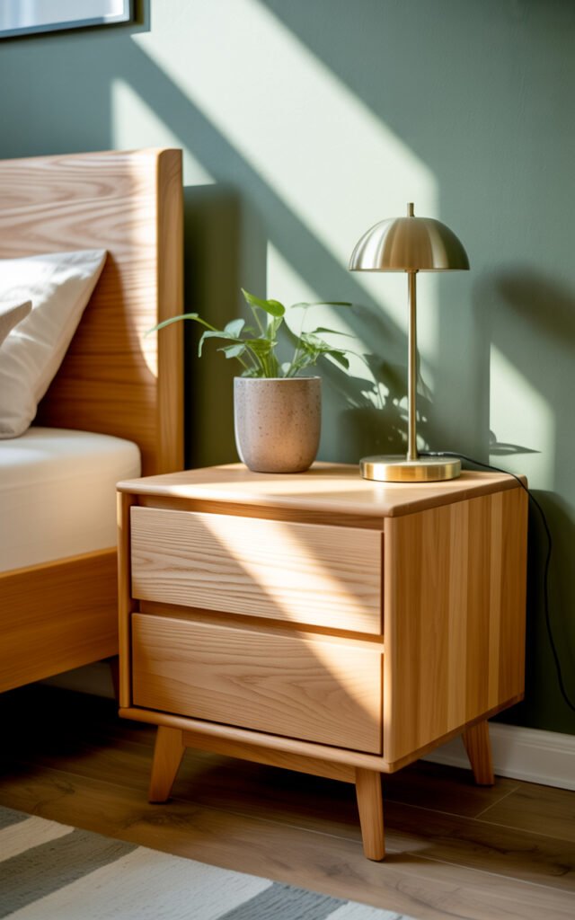 Light wood nightstand with natural grain against sage green bedroom wall creating warm contrast