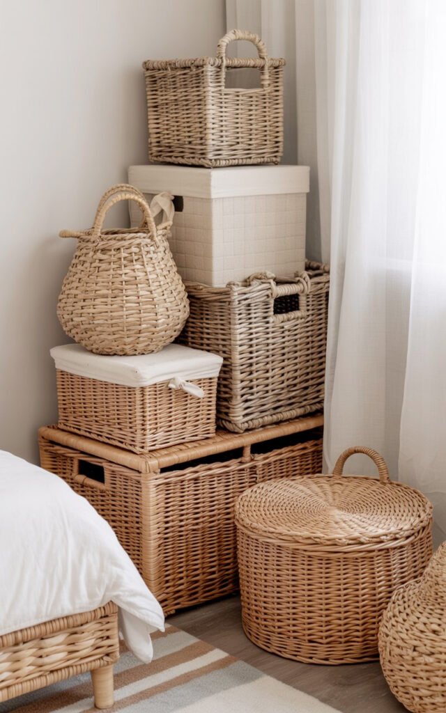 Collection of rattan and seagrass storage baskets providing stylish bedroom organization