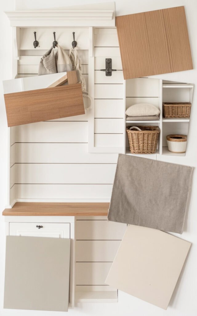 White, natural wood, gray and black color scheme for farmhouse mudroom design