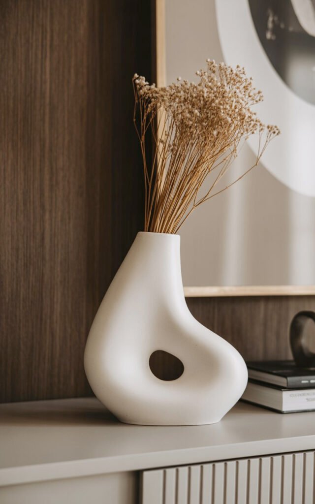 Sculptural white vase with curved organic shape holding natural elements on luxury console