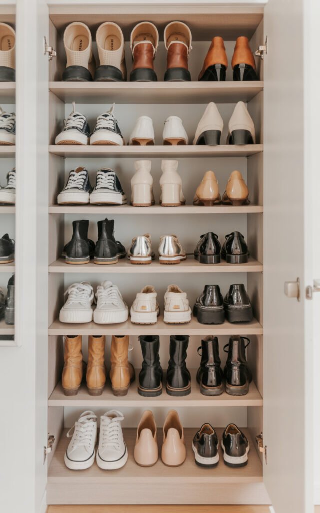 Neatly arranged shoes in open cabinet showing organized entryway storage system