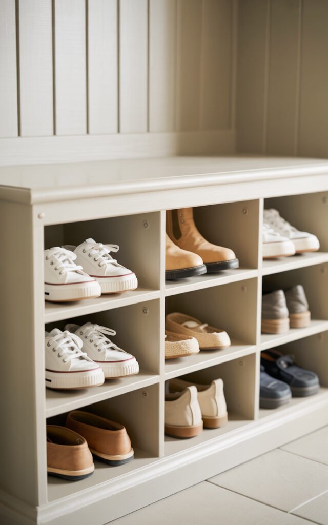 Multiple pairs of shoes neatly stored in white open cubbies below mudroom bench