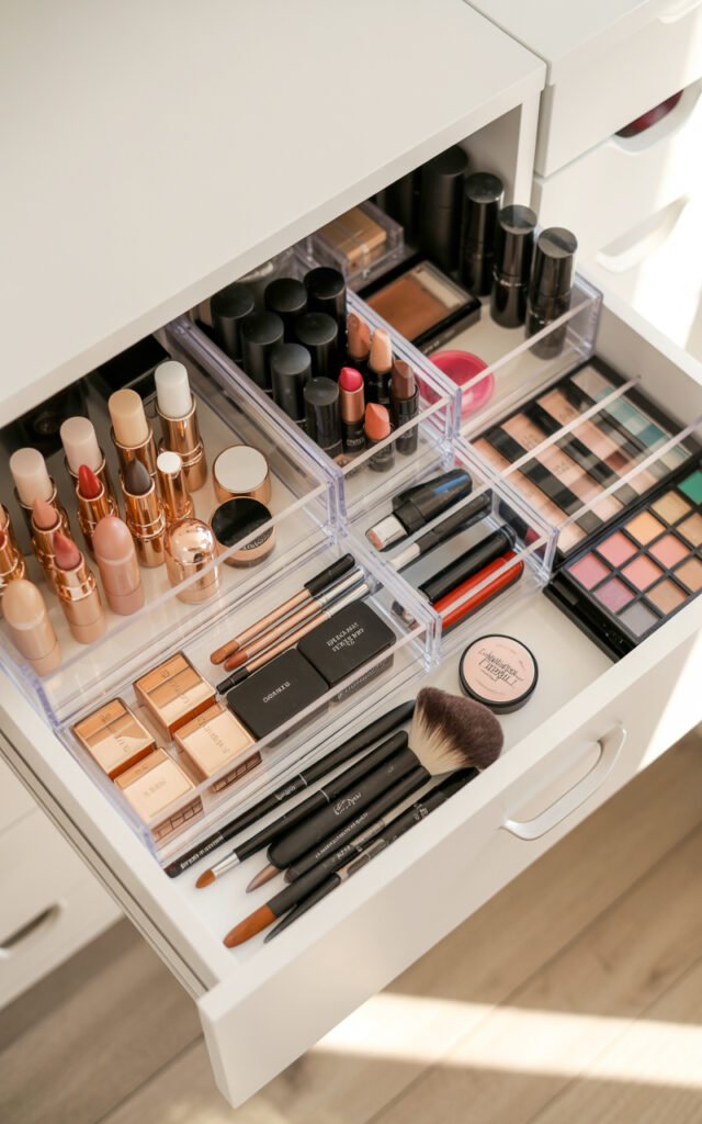 Open drawer with makeup organized in clear dividers showing practical vanity storage