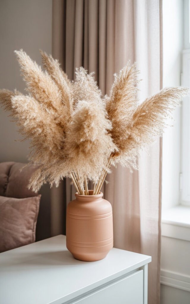 Tall terracotta vase filled with natural pampas grass stems creating elegant bohemian bedroom accent on dresser