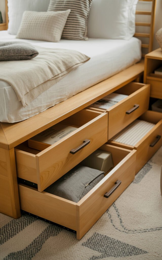 Wood platform bed with integrated drawer storage maximizing space in small bedroom