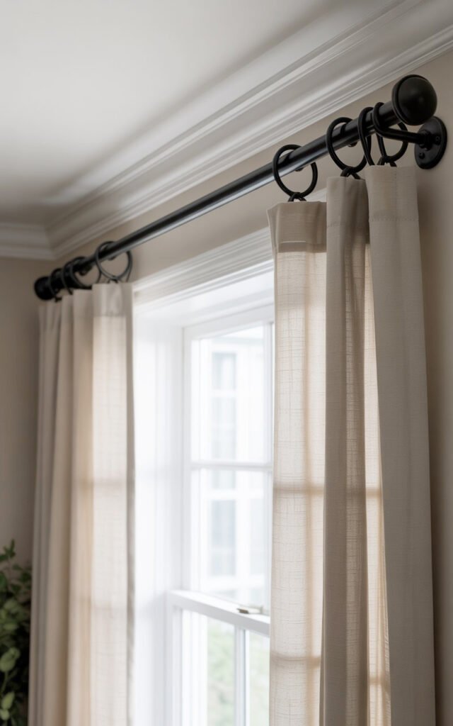 Black curtain rod mounted near ceiling and extending beyond window frame maximizing visual height