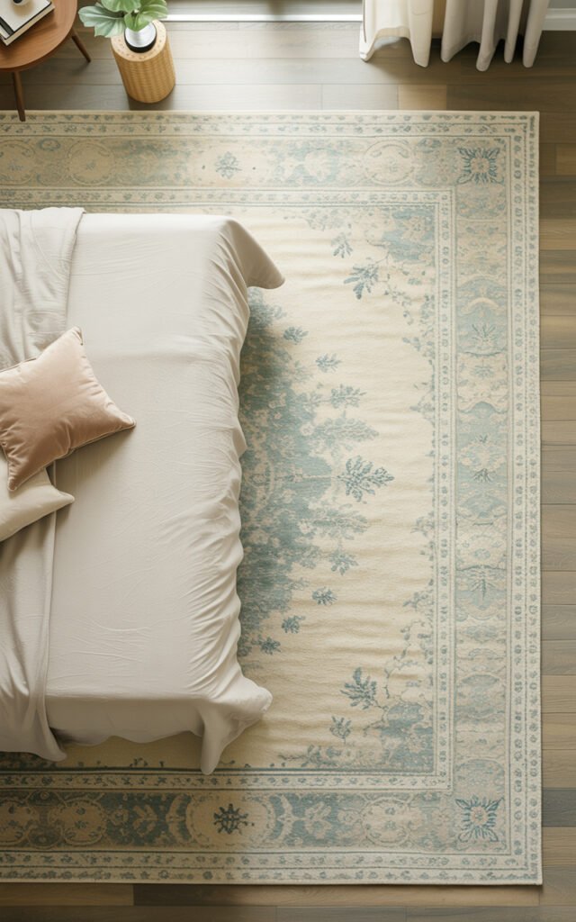 Overhead view showing correctly sized area rug extending beyond bed sides in sage green bedroom