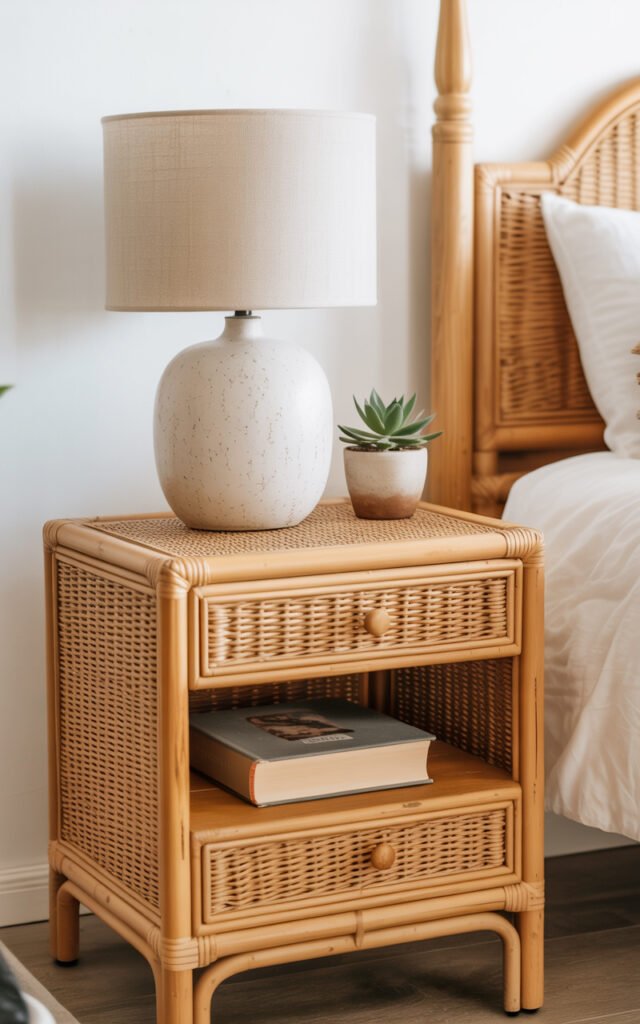 Woven rattan bedside table styled with lamp, plant and books in neutral bedroom