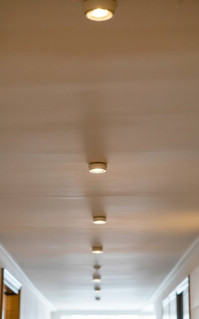 Recessed ceiling lights installed in hallway providing even ambient illumination