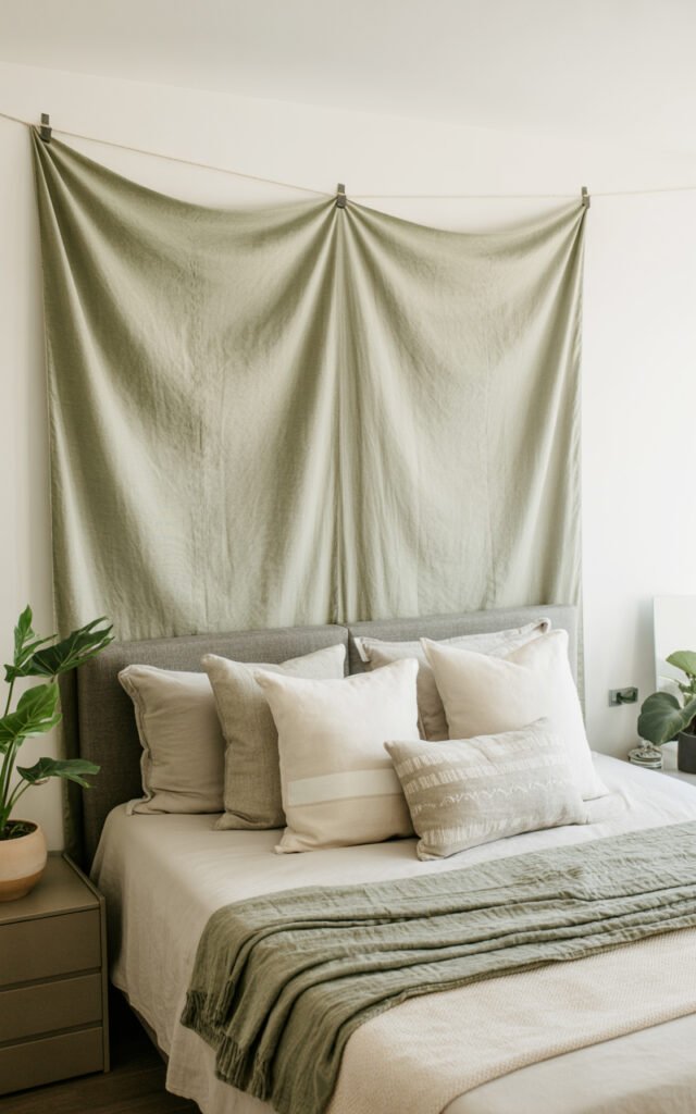 Rental bedroom featuring sage green fabric tapestry and textiles creating accent wall without paint or damage