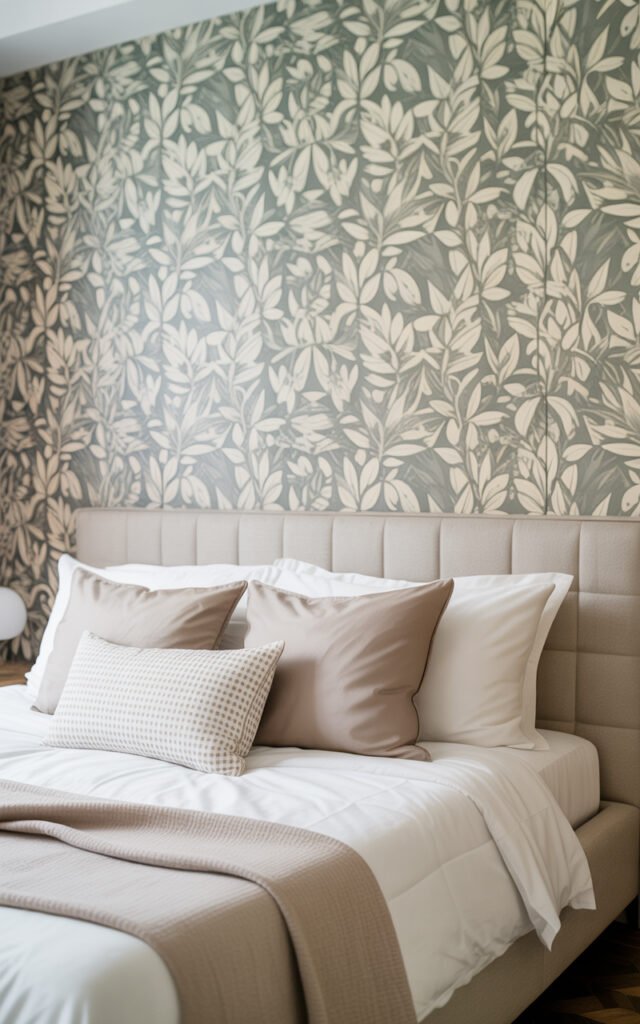 Renter-friendly sage green botanical peel-and-stick wallpaper behind bed creating accent wall