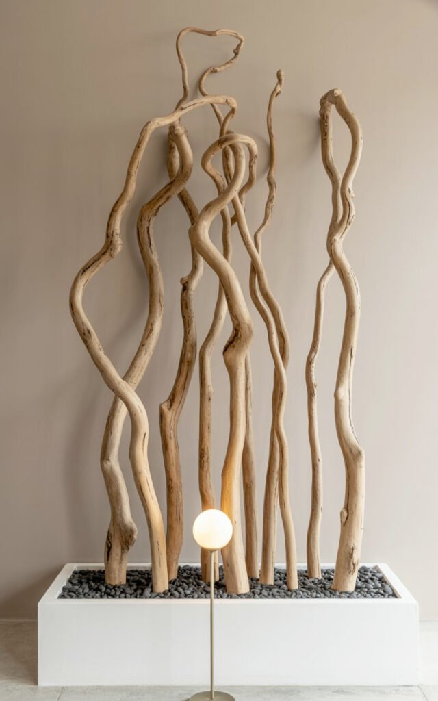 Large natural driftwood pieces creating dramatic organic element in luxury entryway