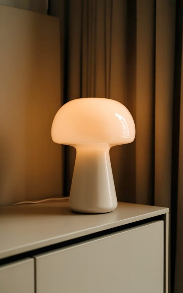Small white mushroom-shaped lamp providing soft ambient lighting on entryway console