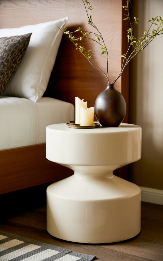 Small sculptural pedestal side table serving as space-saving nightstand in couple bedroom