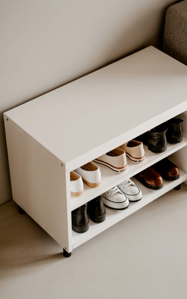 Low white shoe cabinet with open shelving storing multiple pairs of shoes in organized entryway