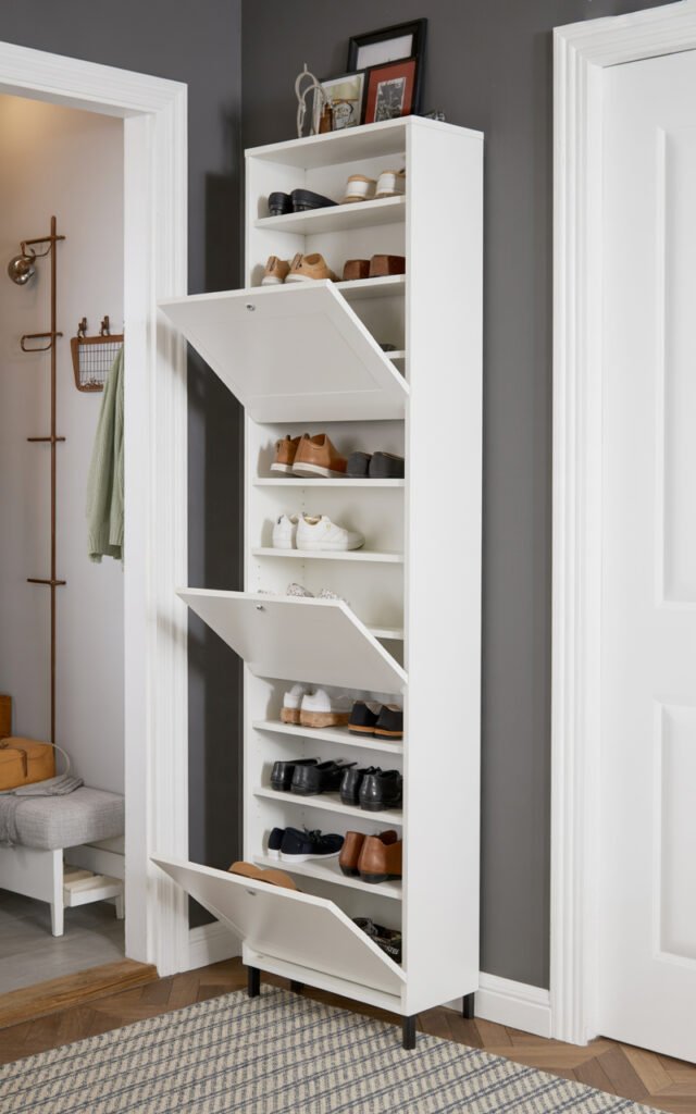 Ultra-narrow white shoe cabinet maximizing storage in limited entryway space