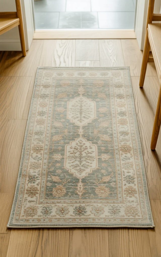 Compact area rug in neutral tones with subtle pattern scaled appropriately for small entrance