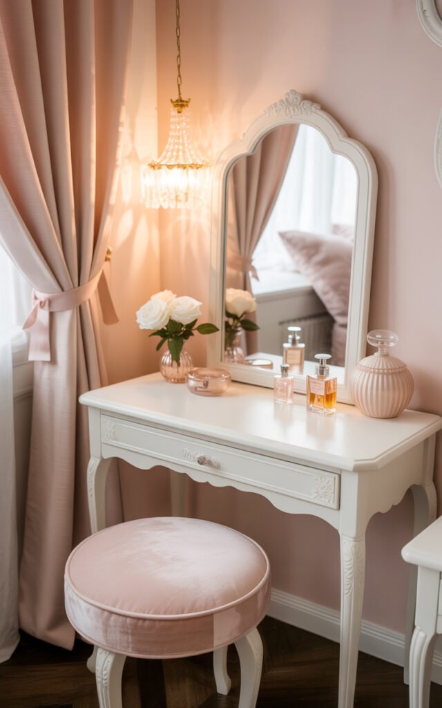 Vanity area in pink and white coquette colors showing feminine aesthetic in small space