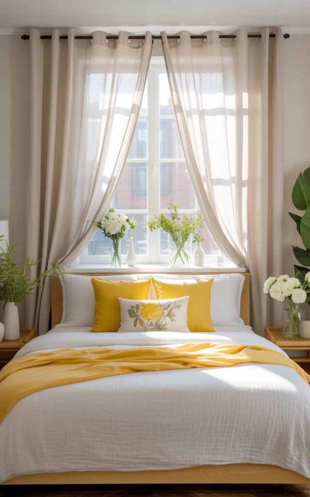  Light and bright warm neutral bedroom styled for spring with sheer curtains and fresh yellow accents