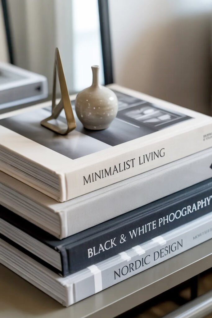 Hardcover books stacked horizontally providing foundation layer for console styling