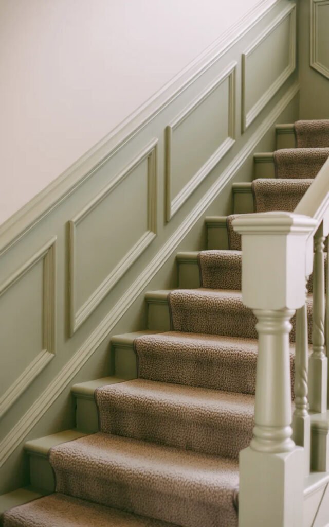 Traditional stairs showing how wainscoting extends from hallway up stair wall